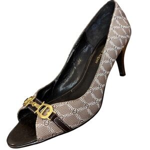 Etienne Aignar Brown and Tan Peep-Toe Buckle Accent Heels